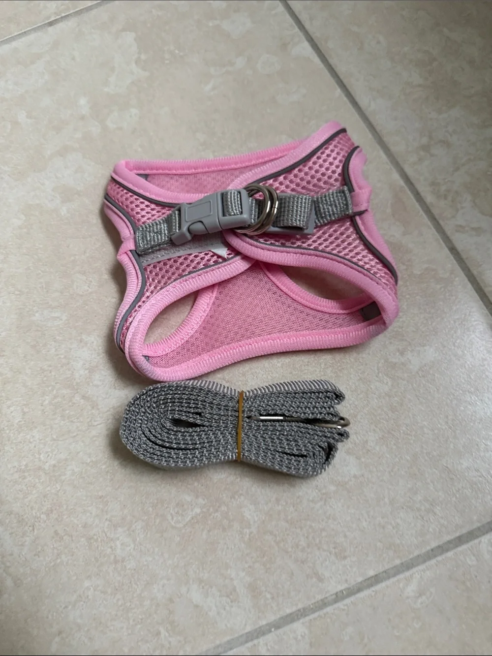 Pink Mesh Dog Harness with Gray Leash